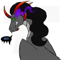 Size: 798x748 | Tagged: safe, artist:tambelon, character:king sombra, species:dragon, dialogue, dragonified, grin, heh, looking at you, looking back, male, one word, simple background, smiling, solo, sombradragon, species swap, speech bubble, watermark, white background