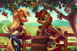 Size: 2834x1888 | Tagged: safe, artist:holivi, character:apple bloom, character:applejack, character:carrot top, character:golden harvest, apple tree, fence, leaning, semi-anthro, tree