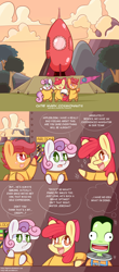 Size: 1950x4428 | Tagged: safe, artist:dsp2003, character:apple bloom, character:scootaloo, character:sweetie belle, species:earth pony, species:pegasus, species:pony, species:unicorn, g4, astronaut, bipedal, chibi, comic, crossover, cute, cutie mark crusaders, female, filly, flag, i have no idea what i'm doing, jebediah kerman, kerbal, kerbal space program, rocket, space suit, style emulation, this will end in space, this will end in tears, this will end in tears and/or death and/or covered in tree sap, tree sap and pine needles