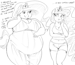 Size: 1000x866 | Tagged: safe, artist:sirmasterdufel, character:princess celestia, character:princess luna, species:anthro, bbw, belly, breasts, busty princess celestia, busty princess luna, chubby, chubbylestia, fat, female, grayscale, monochrome, obese, tight clothing, weight gain