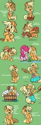 Size: 1280x3912 | Tagged: dead source, safe, artist:fauxsquared, character:apple bloom, character:applejack, character:pinkie pie, species:earth pony, species:pony, accessory swap, apple, applejewel, bath, bipedal, bubble bath, bucket, carrying, clothing, comic, cowboy hat, cute, dress, female, frog, frog inspector applejack, get, hat, hoof hold, index get, jackabetes, looking at you, looking back, mare, open mouth, ponies riding ponies, secret, silly, silly pony, smiling, watching, wet mane, wink