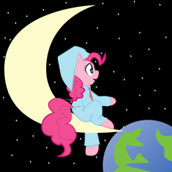 Size: 2000x2000 | Tagged: safe, artist:dualx, artist:php27, character:pinkie pie, clothing, crescent moon, earth, female, hat, moon, nightcap, nightgown, planet, solo, tangible heavenly object, transparent moon