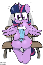 Size: 1280x1920 | Tagged: safe, artist:strangerdanger, character:twilight sparkle, character:twilight sparkle (alicorn), species:alicorn, species:pony, bench, blushing, both cutie marks, cross-eyed, cute, embarrassed, female, food on face, mare, milkshake, open mouth, plewds, sitting, solo, spread wings, surprised, sweat, twiabetes, wide eyes, wings