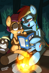 Size: 1280x1920 | Tagged: safe, artist:strangerdanger, character:daring do, character:derpy hooves, character:rainbow dash, character:scootaloo, species:pegasus, species:pony, g4, book, campfire, female, filly, friday the 13th, hockey mask, jason voorhees, log, mare, mask, night, prank, rapeface, scared, signature, young