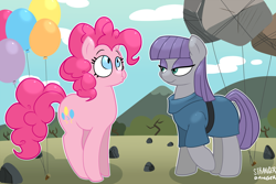 Size: 1920x1280 | Tagged: safe, artist:strangerdanger, character:maud pie, character:pinkie pie, species:earth pony, species:pony, balloon, bedroom eyes, clothing, dress, duckface, female, how, mare, pie sisters, rock, rock farm, siblings, sisters
