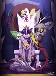 Size: 900x1230 | Tagged: safe, artist:inuhoshi-to-darkpen, character:discord, character:twilight sparkle, character:twilight sparkle (alicorn), species:alicorn, species:draconequus, species:pony, duo, female, friendship throne, male, mare, temptation, throne, whispering