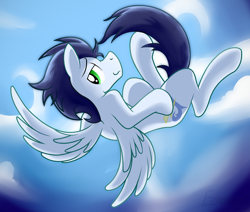 Size: 1280x1087 | Tagged: safe, artist:dripponi, character:soarin', species:pegasus, species:pony, flying, looking at you, male, sky, solo, stallion, stupid sexy soarin'