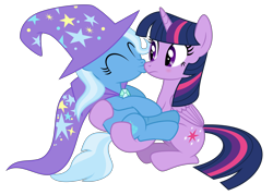 Size: 8388x6000 | Tagged: safe, artist:masem, character:trixie, character:twilight sparkle, character:twilight sparkle (alicorn), species:alicorn, species:pony, ship:twixie, .svg available, absurd resolution, blushing, carrying, eyes closed, female, frown, holding, kissing, lesbian, mare, shipping, simple background, sitting, surprise kiss, surprised, transparent background, vector