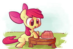 Size: 688x464 | Tagged: dead source, safe, artist:php27, artist:rustydooks, character:apple bloom, species:earth pony, species:pony, female, filly, jello, sitting, solo, table