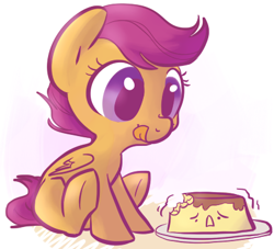 Size: 426x386 | Tagged: safe, artist:php27, artist:rustydooks, character:scootaloo, species:pegasus, species:pony, cute, cutealoo, female, filly, flan, food, licking, licking lips, plate, pudding, sitting, solo, tongue out