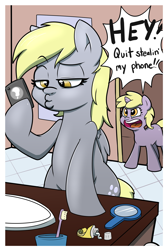 Size: 1280x1920 | Tagged: safe, artist:strangerdanger, character:derpy hooves, character:dinky hooves, species:pony, annoyed, bathroom, bipedal, bipedal leaning, cellphone, dialogue, duckface, pear, selfie, speech bubble, talking, yelling