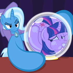 Size: 2500x2500 | Tagged: safe, artist:navitaserussirus, character:trixie, character:twilight sparkle, aladdin, clothing, crushed, crystal ball, evil, gypsy magic, hat, romani, squish, squished, squishy, trapped, twilybuse, wizard hat