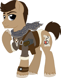 Size: 600x761 | Tagged: safe, artist:tambelon, clothing, cutie mark, gun, map, nathan drake, necklace, ponified, ring, scarf, solo, uncharted, vector, watch, weapon
