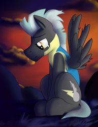 Size: 1280x1656 | Tagged: safe, artist:dripponi, character:thunderlane, species:pegasus, species:pony, :c, cloud, cloudy, crying, frown, looking down, male, pondering, sad, sitting, solo, spread wings, stallion, wings, wonderbolt trainee uniform, wonderbolts