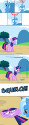 Size: 1500x6500 | Tagged: safe, artist:navitaserussirus, character:trixie, character:twilight sparkle, ship:twixie, balloon, balloon popping, cartoon physics, crushed, female, flattened, floating, flying, lesbian, plot, prank, pranked, shipping, squish, squished, trixdom, twilybuse, voodoo, voodoo doll
