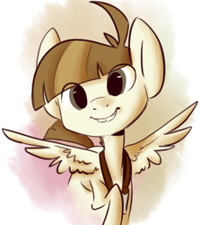 Size: 454x506 | Tagged: safe, artist:php27, artist:rustydooks, character:featherweight, species:pegasus, species:pony, abstract background, camera, male, raised hoof, smiling, solo, spread wings, wings