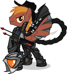 Size: 2815x3105 | Tagged: safe, artist:vector-brony, oc, oc only, oc:calamity, species:pegasus, species:pony, fallout equestria, armor, battle saddle, clothing, dashite, enclave armor, energy weapon, fallout, fanfic, fanfic art, gun, hat, hooves, magical energy weapon, male, power armor, smiling, solo, stallion, weapon, wings