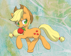 Size: 1833x1431 | Tagged: safe, artist:dawnfire, character:applejack, apple, bedroom eyes, colored pupils, female, looking at you, mouth hold, obligatory apple, solo