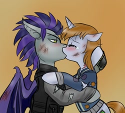 Size: 952x860 | Tagged: safe, artist:jitterbugjive, oc, oc only, oc:biohazard skies, oc:littlepip, species:bat pony, species:pony, species:unicorn, fallout equestria, blushing, bruised, clothing, crying, eyes closed, female, floppy ears, hug, injured, kissing, male, pipbuck, shipping, spread wings, straight, torn clothes, wings