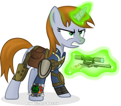 Size: 4409x3882 | Tagged: safe, artist:vector-brony, oc, oc only, oc:littlepip, species:pony, species:unicorn, fallout equestria, clothing, cutie mark, fallout, fanfic, fanfic art, female, glowing horn, gritted teeth, gun, handgun, holster, hooves, horn, levitation, little macintosh, magic, mare, optical sight, pipbuck, revolver, saddle bag, simple background, solo, teeth, telekinesis, transparent background, vault suit, vector, weapon