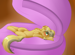Size: 3000x2200 | Tagged: safe, artist:sugaryviolet, oc, oc only, oc:paige, oc:sugary violet, blushing, concave belly, hoof fetish, hooves, macro, micro, squishy, underhoof