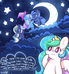 Size: 2048x2196 | Tagged: safe, artist:dsp2003, character:princess celestia, character:princess luna, character:trixie, oc, species:alicorn, species:earth pony, species:pony, species:unicorn, :3, :3c, bipedal, chibi, clothing, cloud, cloudy, comic, crescent moon, cute, cutie mark, female, filly, hat, moon, night, s1 luna, style emulation, tangible heavenly object, transparent moon, woona