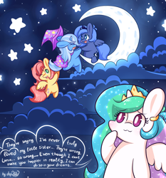 Size: 2048x2196 | Tagged: safe, alternate version, artist:dsp2003, character:fluttershy, character:princess celestia, character:princess luna, character:trixie, :3, blushing, chibi, cloud, cloudy, crescent moon, cute, diatrixes, filly, happy, moon, open mouth, s1 luna, shyabetes, style emulation, tangible heavenly object, text, transparent moon, wink, woona