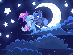Size: 2048x1536 | Tagged: safe, alternate version, artist:dsp2003, character:princess luna, character:trixie, blushing, chibi, clothing, cloud, cloudy, crescent moon, crying, cute, diabetes, diatrixes, eyes closed, filly, happy, hat, lunabetes, moon, night, night sky, open mouth, s1 luna, smiling, spread wings, stars, style emulation, tangible heavenly object, transparent moon, trixie's cape, trixie's hat, wallpaper, wings, woona