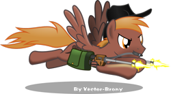 Size: 1202x665 | Tagged: safe, artist:vector-brony, oc, oc only, oc:calamity, species:pegasus, species:pony, fallout equestria, battle saddle, brand, branding, clothing, fallout, fanfic, fanfic art, gun, hat, male, rifle, saddle bag, shooting, simple background, solo, stallion, transparent background, weapon, wings