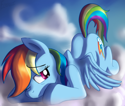 Size: 1600x1359 | Tagged: safe, artist:dripponi, character:rainbow dash, cloud, cloudy, cute, dashabetes, face down ass up, female, morning ponies, one eye closed, prone, raised tail, sleepy, solo, spread wings, wings