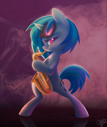 Size: 1050x1248 | Tagged: safe, artist:dawnfire, character:dj pon-3, character:vinyl scratch, species:pony, bipedal, colored pupils, female, music, musical instrument, saxophone, signature, solo