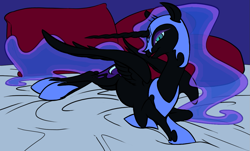 Size: 1287x776 | Tagged: safe, artist:jackjacko-eponymous, artist:php27, character:nightmare moon, character:princess luna, species:alicorn, species:pony, female, pillow, solo, succubus, sultry pose
