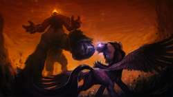 Size: 3840x2160 | Tagged: safe, artist:assasinmonkey, character:lord tirek, character:twilight sparkle, character:twilight sparkle (alicorn), species:alicorn, species:pony, episode:twilight's kingdom, g4, my little pony: friendship is magic, 16:9, angry, badass, barrier, butt, cloven hooves, crying, dark, duo, epic, female, fight, force field, furious, glare, glow, low angle, magic, mare, messy mane, metal as fuck, perspective, photoshop, plot, raised hoof, scene interpretation, size difference, spread wings, stomping, technically advanced, twilight vs tirek, underhoof, wallpaper, wings