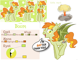Size: 5600x4350 | Tagged: safe, artist:xebck, oc, oc only, oc:boom, species:bat pony, species:pony, absurd resolution, bat pony oc, dialogue, explosion, mushroom cloud, pun, reference sheet, simple background, solo, transparent background