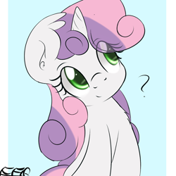 Size: 1280x1280 | Tagged: safe, artist:freefraq, character:sweetie belle, species:pony, species:unicorn, g4, blue background, colored pupils, cute, diasweetes, eye clipping through hair, female, looking sideways, looking up, question mark, signature, simple background, solo