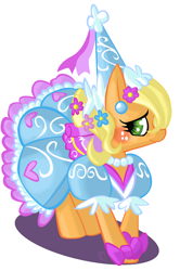 Size: 1984x2982 | Tagged: safe, artist:fauxsquared, character:applejack, blushing, clothing, dress, female, froufrou glittery lacy outfit, hennin, solo
