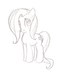 Size: 566x688 | Tagged: safe, artist:jessy, character:fluttershy, species:pony, blushing, female, filly, filly fluttershy, head tilt, looking at you, monochrome, pencil drawing, simple background, sketch, solo, standing, three quarter view, traditional art, white background, wingless, younger
