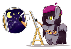 Size: 1280x885 | Tagged: safe, artist:dsp2003, oc, oc only, species:pegasus, species:pony, canvas, chibi, clothing, cute, female, hat, moon, outline, pac-man, paintbrush, painting, simple background, stars, style emulation, transparent background