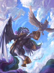 Size: 975x1300 | Tagged: safe, artist:assasinmonkey, character:princess celestia, species:griffon, armor, chainmail, detailed, epic, fight, first contact war, flying, low angle, majestic, perspective, sky, spread wings, vertigo, wings