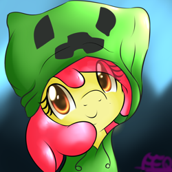 Size: 1500x1500 | Tagged: safe, artist:freefraq, character:apple bloom, clothing, costume, creeper, cute, female, hoodie, looking at you, minecraft, smiling, solo