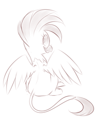 Size: 761x931 | Tagged: safe, artist:jessy, oc, oc only, species:griffon, blushing, cockatoo, cute, griffon oc, looking at you, looking back, monochrome, sitting, smiling, solo, spread wings, wings