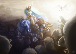 Size: 1750x1250 | Tagged: safe, artist:assasinmonkey, character:princess celestia, character:princess luna, species:alicorn, species:griffon, species:pony, angry, epic, female, fight, first contact war, glare, male, mare, night guard, rearing, royal guard, signature, sisters, stallion