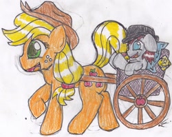 Size: 1024x815 | Tagged: safe, artist:cuddlelamb, character:applejack, oc, oc:booker t. grey, cart, clothing, foal, hat, mother, traditional art