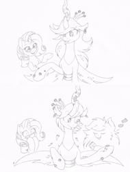 Size: 1216x1603 | Tagged: safe, artist:joey darkmeat, character:queen chrysalis, character:rarity, oc, oc:fluffle puff, alternate hairstyle, blep, earring, eyes closed, fangs, frown, glasses, grin, long hair, makeover, monochrome, music notes, open mouth, shaving, shocked, short hair, sketch, smiling, tongue out, traditional art, underhoof, wide eyes