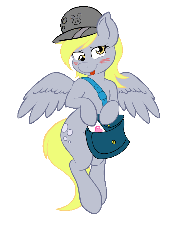 Size: 560x730 | Tagged: safe, artist:joey darkmeat, artist:yooyfull, character:derpy hooves, species:pegasus, species:pony, animated, bag, blushing, clothing, cute, derpabetes, female, flapping, flying, hat, looking at you, mailbag, mailmare, mare, messenger bag, satchel, simple background, solo, tongue out, transparent background, valentine