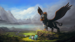 Size: 1920x1080 | Tagged: safe, artist:assasinmonkey, oc, oc only, species:earth pony, species:griffon, species:pony, armor, cowering, cutie mark, first contact war, floppy ears, griffon oc, leonine tail, mountain, open mouth, saddle bag, scenery, scenery porn, spread wings, tail, wings