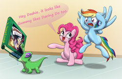 Size: 5100x3300 | Tagged: safe, artist:evil-dec0y, character:daring do, character:gummy, character:pinkie pie, character:rainbow dash, book, dialogue, drool, speech bubble