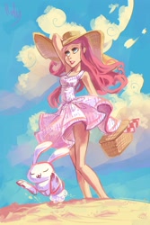 Size: 2299x3448 | Tagged: safe, artist:holivi, character:angel bunny, character:fluttershy, basket, clothing, dress, high res, humanized, picnic basket, skinny
