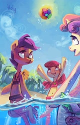 Size: 2586x4023 | Tagged: safe, artist:holivi, character:apple bloom, character:scootaloo, character:sweetie belle, species:pegasus, species:pony, beach, beach ball, belly button, bikini, clothing, cutie mark crusaders, midriff, swimsuit, water