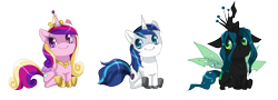 Size: 1500x537 | Tagged: safe, artist:loyaldis, character:princess cadance, character:queen chrysalis, character:shining armor, species:alicorn, species:changeling, species:pony, species:unicorn, changeling queen, chibi, female, heart eyes, male, mare, simple background, sitting, smiling, stallion, transparent background, wingding eyes